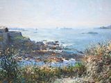 a painting of a view of the ocean from a hill