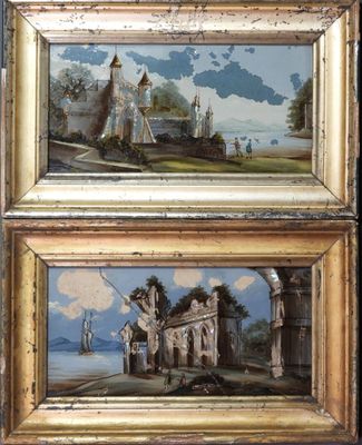 deux tableaux encadrés représentant un château et un château avec un autre château en arrière-plan