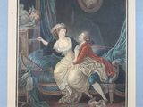 an old print of a woman and a man sitting on a couch