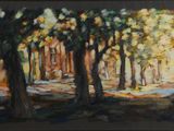 painting of a painting of a park with trees in the background