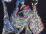 a painting of a bird that is sitting on top of a vase