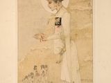 painting of a woman in a white dress with a cross on her shoulder