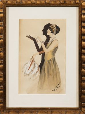 un tableau représentant une femme en robe et chapeau, tenant un éventail
