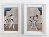 tableau représentant deux hommes jouant au baseball dans une pièce blanche