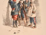 a drawing of a group of men standing in front of a cave