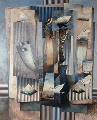 peinture représentant un collage de différentes images d'un homme portant un chapeau