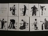 several black and white pictures of people in various poses