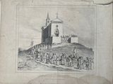 an old drawing of a group of people standing in front of a church