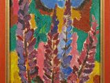 un tableau représentant des fleurs, dans un cadre rouge, sur fond blanc