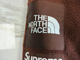 the north face logo on the back of a brown flee jacket