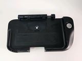 the back of a black cell phone with the battery compartment removed