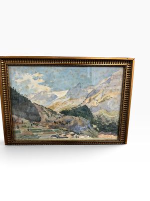 a painting of a mountain scene with a river in the foreground