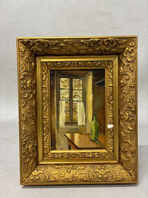 une image représentant un tableau d'une pièce avec une table et un vase