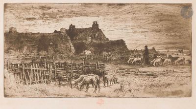 Félix Buhot (1847-1898) Les Bergeries, soleil couchant.