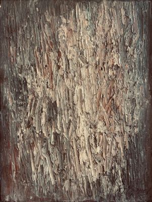 an abstract painting of a brown and white background with a black frame
