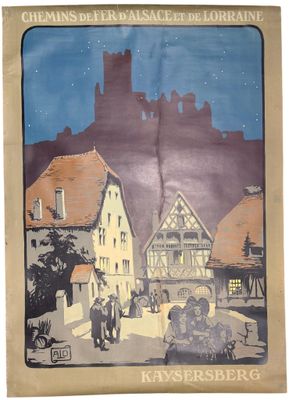 a poster of a town with a castle in the background