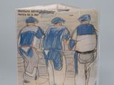 un dessin représentant un groupe d'hommes marchant sur une plage
