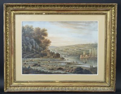 un tableau représentant une scène fluviale avec des bateaux sur l'eau