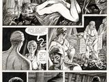 une page en noir et blanc d'une bande dessinée, avec une bande dessinée en arrière-plan