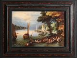 un tableau représentant une scène fluviale avec des bateaux et des personnes sur la rive