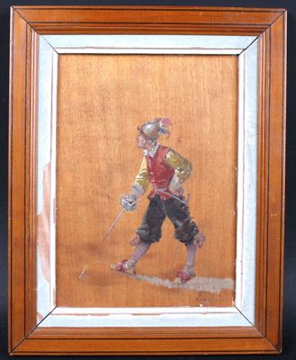 painting of a man in a red shirt and black pants holding a baseball bat