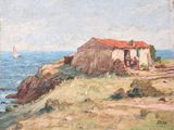 une image représentant un tableau d'une maison située sur une falaise au bord de l'océan