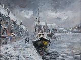 an oil painting of a boat in a harbor on a snowy day