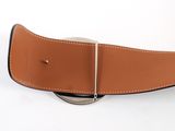 a brown leather belt with a metal buckle on a white background