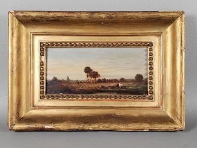 tableau représentant un paysage, dans un cadre doré, accroché à un mur gris