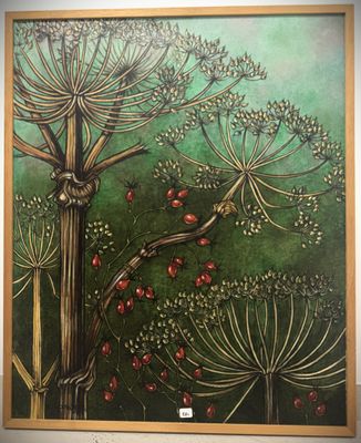 a painting of a painting of a tree with berries on it