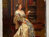 tableau représentant une femme en train de lire un livre dans une pièce où se trouve une bibliothèque