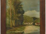 un tableau représentant une rivière avec des arbres et des maisons en arrière-plan