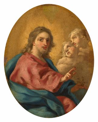 un tableau représentant un homme tenant un enfant sur ses genoux