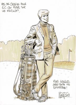 dessin représentant un homme tenant un sac de clubs de golf à la main