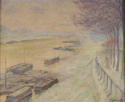 une peinture représentant des bateaux amarrés au bord de l'eau