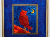 an image of a painting of a red bird sitting on top of a wooden table