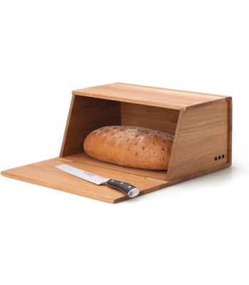 boîte à pain en bois sur laquelle sont posés du pain et un couteau