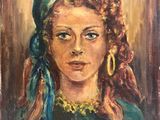 a painting of a woman with red hair wearing a blue head scarf