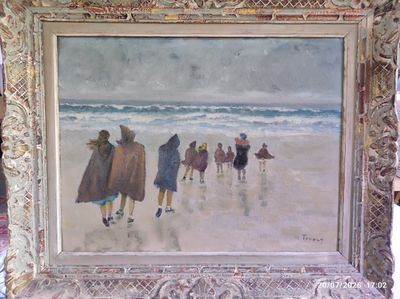 une peinture représentant un groupe de personnes marchant sur la plage