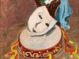 an oil painting of a white mask sitting on top of a table