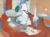 a painting of a table with a vase and a plate on it