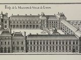 un vieux dessin représentant un grand bâtiment surmonté d'une horloge