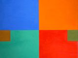 an abstract painting of squares of different colors on a wall