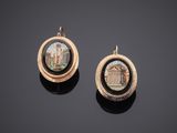a pair of gold and enamel earrings