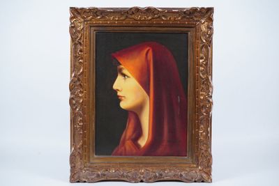 portrait of a woman in a red veil in a gold frame