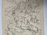sketches of animals in a rocky landscape with mountains in the background