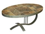 a table with a stone top and metal legs on a white background