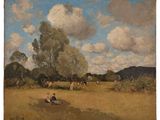 painting of a man sitting in a field with cows in the background