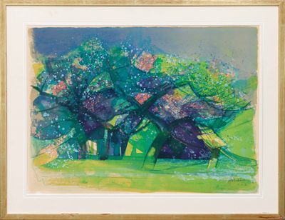 une image d'une peinture représentant un arbre dans un champ