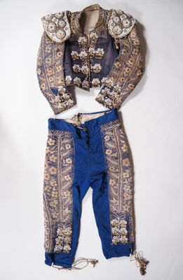 une image représentant un costume bleu et or avec un pantalon bleu